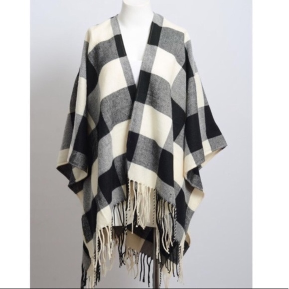 Ivory & Black Buffalo Plaid Poncho Sweater Wrap - Picture 9 of 9